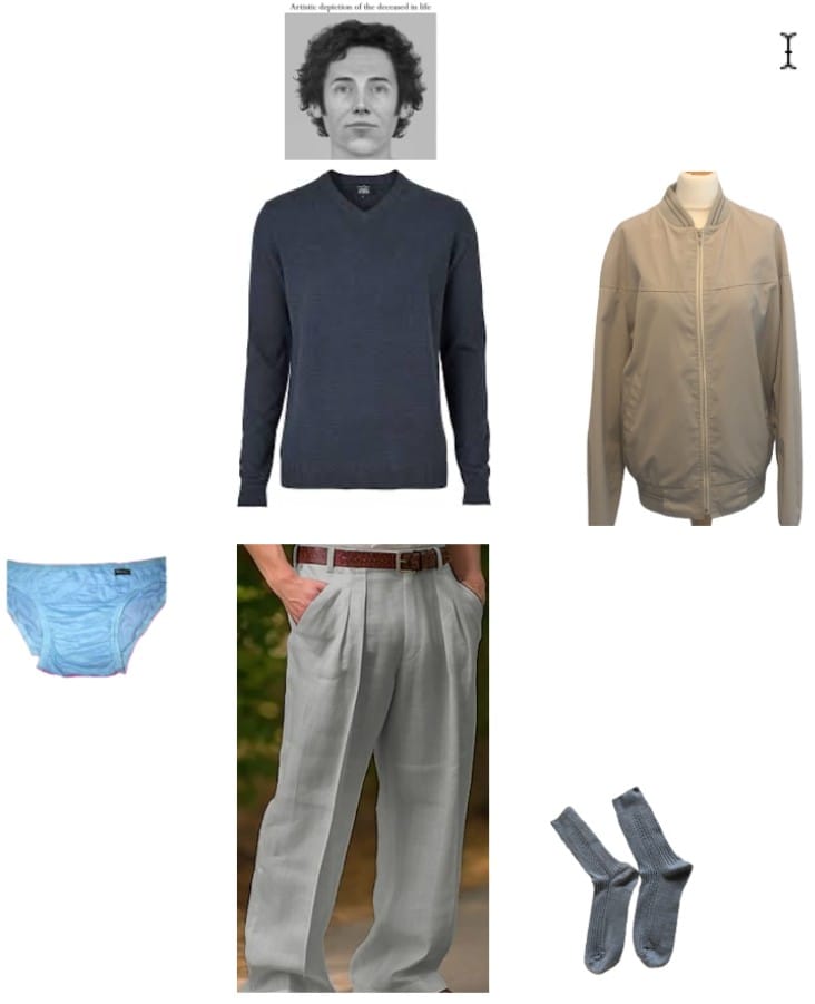 Facial reconstruction of Shakespeare Cliff Man with images of the clothing associated with him