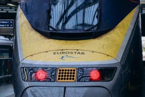Eurostar train at a platform, representing Eurotunnel operations at Folkestone