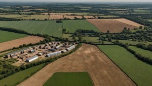 Aerial view of the Kent countryside where new development meets farmland and parched fields, illustrating the cumulative pressures of growth on land and water