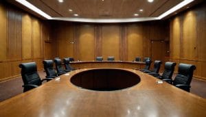 Empty council committee chamber with curved wooden table and leather chairs
