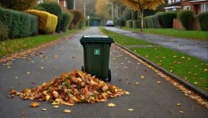 A green garden waste wheelie bin on a suburban pavement surrounded by autumn leaves