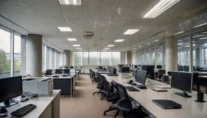 Empty modern open-plan office with desks and computers, representing a local council workplace